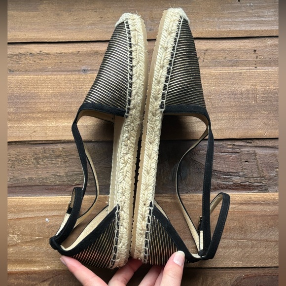 NEW Jimmy Choo Donna Metallic Striped Strappy Gold Black Espadrille Sandal 8.5 - Picture 8 of 16